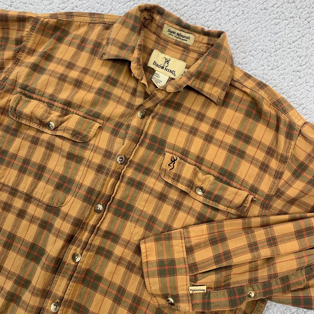 Browning Button Down Shirt Mens Medium Brown Plaid Cotton Super Naturals Flannel